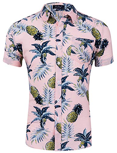 Loveternal Camisa Piña Hombre Camiseta Estampada Hawaiana Vacaciones Impresa 3D Funky Summer Cotton Floral Shirt Rosa L