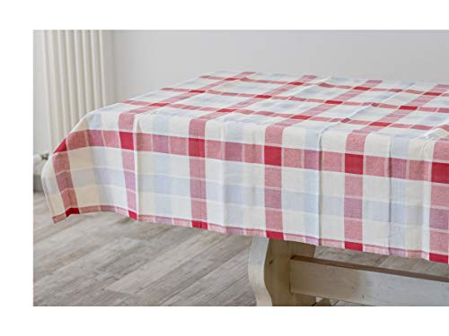 Mantel rectangular para mesa de 10-12 plazas, diseño a cuadros, tamaño 140 x 240 cm, 100% algodón, multicolor, blanco, azul y rojo