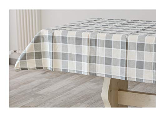 Mantel rectangular para mesa de 10 a 12 plazas, diseño a cuadros, tamaño 140 x 240 cm, 100 % algodón, blanco, beige y gris