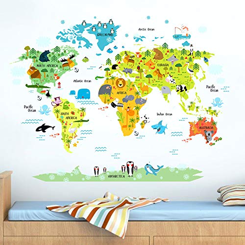 Mapamundi Animales Historieta Pegatinas Decorativas Adhesiva Pared Removible Dormitorio Salón Guardería Habitación Infantiles Etiquetas de La Pared Murales (90 * 30CM*3)