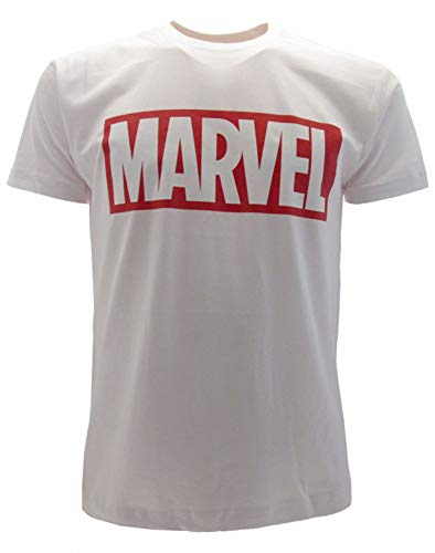 Marvel Camiseta Blanca Logotipo Original Producto Oficial Escrito Manga Corta T-Shirt (M)