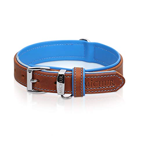 MICHUR Charly Cielo Collar de Cuero para Perros, Cuello, marrón con Costuras Azules y un Anillo para la Placa de identificación, Cuero, Disponibles en Diferentes tamaños, 51cm