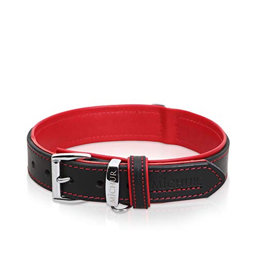 MICHUR Minimo Collar de Cuero para Perros, Cuello, Negro con Costuras Rojas y un Anillo con Placa de identificación, Cuero, Disponibles en Diferentes tamaños, 62cm