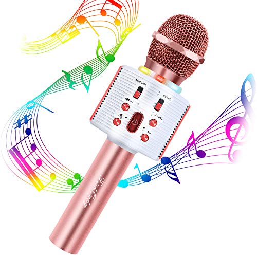 Micrófono Karaoke Bluetooth, FISHOAKY 4 en1 Microfono Inalámbrico Altavoces, Portátil Karaoke para Niños Cantar, Función de Eco, Compatible con Android/iOS o Teléfono Inteligente