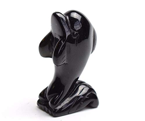 MKYXLN 1,9 Pulgadas de delfín de Cristal Tallado de obsidiana Negra Natural en Escultura de Estatua de Pedestal