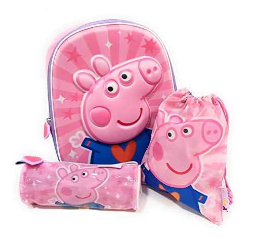 Mochila Peppa Pig 3D Infantil para niñas (31 cms) + Estuche Peppa Pig Portatodo + Bolsa Peppa Pig para Merienda