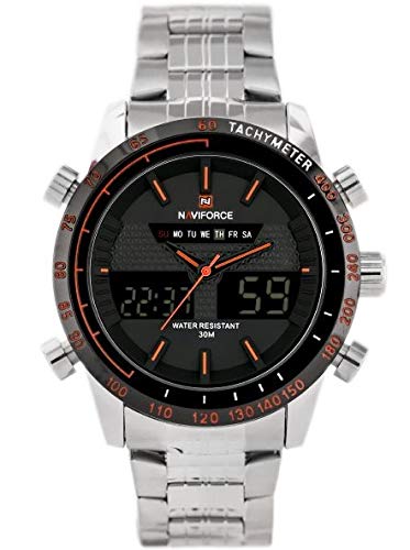 Naviforce - Convair (NF9024M) - Reloj de Pulsera de Cuarzo Digital Analógico de Doble Tiempo para Hombre, Banda de Metal, Impermeable (Pulsera de Plata/Accesorios Naranjas)