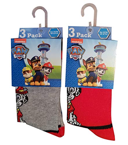 Nickelodeon Paw Patrol Pack de 6 calcetines para perros Chase, Rubble y Marshall, rojo/gris (23/26)