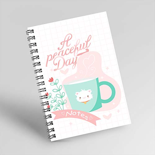 NOTEBOOK NO.62: NOTEBOOK DIARY FOR WOMEN IS A BASIC NOTEBOOK WITH CHECKERED WHITE COVER AND CAT-SHAPED CUP AND FLOWER STEMS MOTIFS WITH THEME"A PEACEFUL ... 6X9 INCH, 200 PAGES| (English Edition)