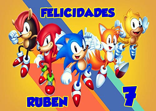 OBLEA de Sonic Personalizada con Nombre y Edad para Pastel o Tarta, Especial para cumpleaños, Medida Rectangular de 28x20cm