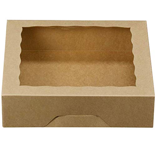 ONE MORE - Cajas de pastelería para tartas o galletas, cajas grandes de 25,4 x 25,4 x 6,35 cm, de papel de estraza natural con ventana de PVC, color marrón, paquete de 12 unidades