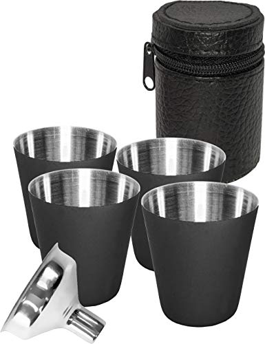 Outdoor Saxx® – Juego de 6 vasos de acero inoxidable, 4 vasos de chupito de metal, vaso de metal con funda de piel, embudo de llenado, accesorio ideal para petaca, color negro