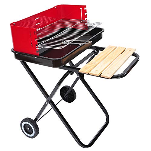 Outsunny Barbacoa de Carbón Plegable y Portátil con 2 Ruedas Parrilla con Altura Ajustable para Camping Picnic Playa 57x64x83 cm Rojo y Negro