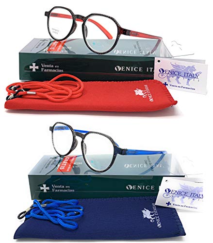 Pack 2ª unidad al 50% New Model última moda Gafas de lectura, presbicia, vista cansada, Diseño en 3 Colores. VENICE CARBON - Dioptrías: 1 a 3,5 (Pack Azul + Rojo, 1.50)