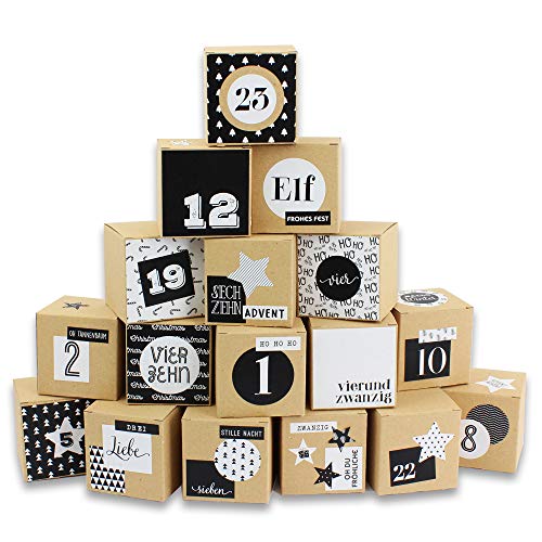 Papierdrachen Calendario de Adviento DIY para rellenar, 24 cajas para manualidades, diseño en blanco y negro, 24 cajas de cartón marrón natural de 400 g/m² para colocar y decorar – 24 cajas – Navidad