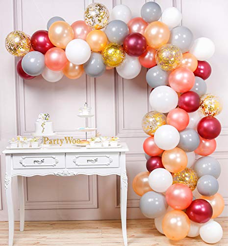 PartyWoo Globos Blancos Oro Rosa Grises, 83 Piezas Globos Oro Rosa Globos Burdeos Globo Melocoton Globo Gris Globos Confeti para Baby Shower Niña, Bautizo Niña, Niña Fiesta, Decoracion Fiesta Rosa Oro