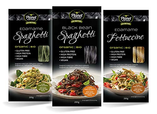 Pasta orgánica de edamame y judías negras de Planet Plant-Based (pack de 3 × 200 g) | Espaguetis de edamame | Espaguetis de judías negras | Fettuccine de edamame | Vegano | Orgánico | Sin gluten