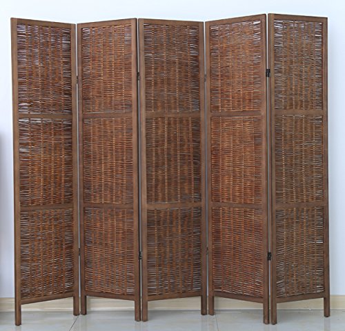 PEGANE Biombo de Madera y Mimbre de 5 Paneles, Color marrón - Dim : A 170 x A 200 cm