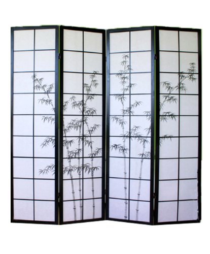 PEGANE Biombo japonés de Madera Negro Dibujo bambú de 4 Paneles
