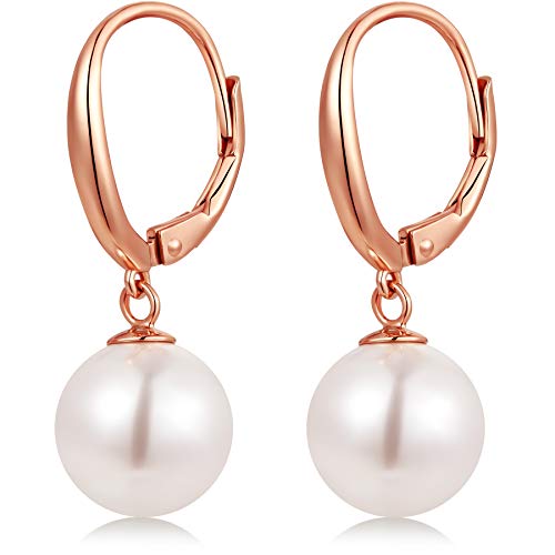 Pendientes de plata con perlas de oro rosa para las mujeres Pendientes de plata con 925 pendientes de aro de oro rosa con perlas joyas, regalo para la madre, caja de regalo