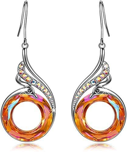 Pendientes mujer largos brillantes forma de gota con Toallita limpia metales,Aretes largos de mujer,Ave Fenix,Cristal color Plata,tonos anaranjado y morado,incluida caja para regalos (naranja Azufre)