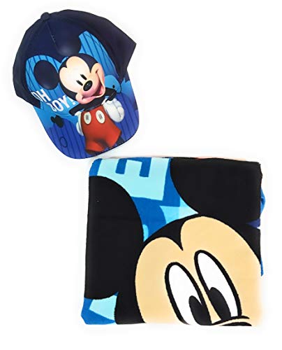 Poncho Mickey Mouse Toalla Playa o Piscina + Gorra Mickey Mouse Algodón para Niños (Azul Marino)