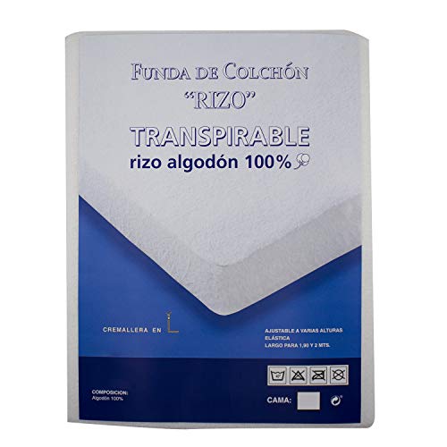 Protector de colchón Rizo Transpirable 100% Algodón y antiácaros con Cremallera Funda de Colchón - Talla 150 X 190/200 CM