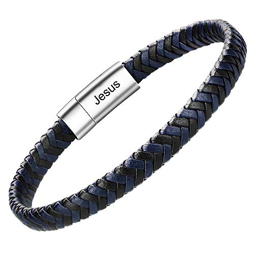 Pulsera cuero hombre - Pulsera trenzada hecha a mano clásica en negro y marrón con cierre magnético grabado Joyas gratis en caja (19, blue&black)