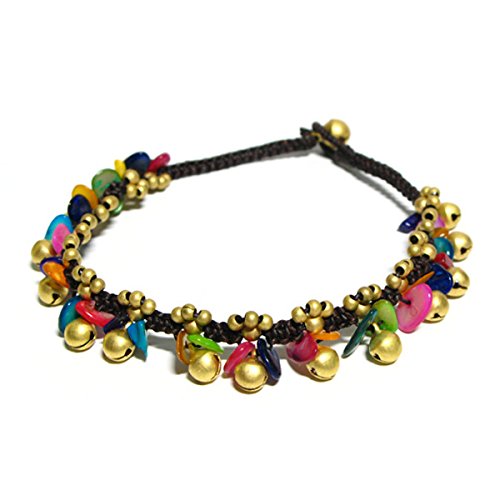 Pulsera para el tobillo de moda Idin - hecho a mano de oro-tono de cuentas y la campana con piedras naturales Multicolor tejida con cuerda encerada queratósico (aprox. 23-24 cm)