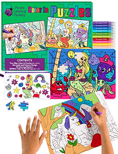 Purple Ladybug 2 Puzzles para niños con Unicornio y Sirena – Juguetes creativos para Niñas con 10 Rotuladores de Colores y Estuche Escolar Gratis! Arte Divertido, Niñas Purple Ladybug 2 Puzzles para niños con Unicornio y Sirena – Juguetes creativos para Niñas con 10 Rotuladores de Colores y Estuche Escolar Gratis! Arte Divertido, Niñas