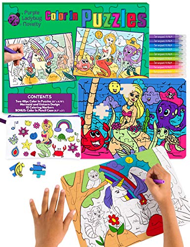 Purple Ladybug 2 Puzzles para niños con Unicornio y Sirena – Juguetes creativos para Niñas con 10 Rotuladores de Colores y Estuche Escolar Gratis! Arte Divertido, Niñas