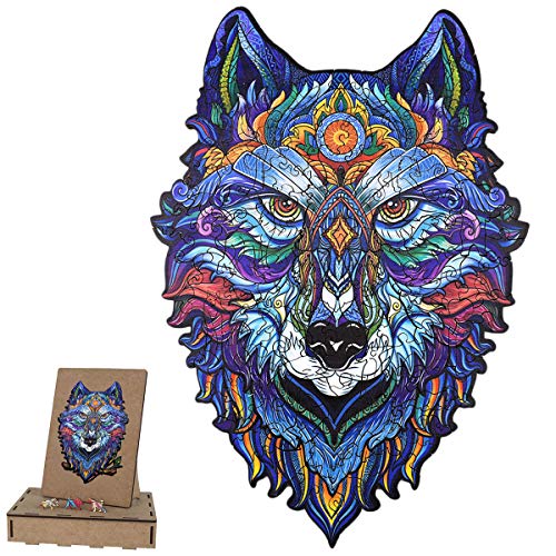 Puzzle de madera para adultos, diseño de animales, multicolor, forma única, puzle mágico, puzzle de animales, ideal para la colección de juegos familiares, A4, lobo, 29,7 x 21 cm