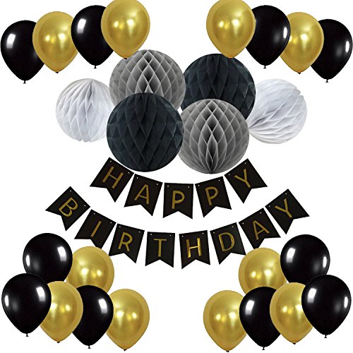 Recosis Pancartas de Banderines de Happy Birthday con 6 Piezas Bola de Nido de Abeja y Globos de Fiesta para Decoración de Fiesta - Negro