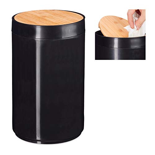 Relaxdays Cubo de Basura para baño, Tapa oscilante, Moderno, Bambú & Plástico, 5,5L, 26,5 x 18 cm, 1 Ud, Negro, 26.5 x 18 cm