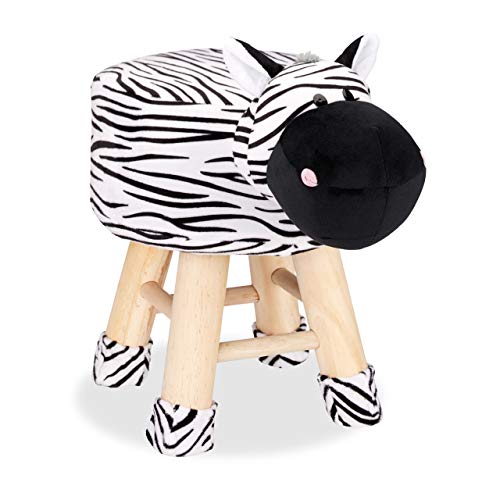 Relaxdays Taburete Infantil Animal Forma de Cebra con Funda Extraíble, Madera, Blanco y Negro, 34,5 x 28 cm