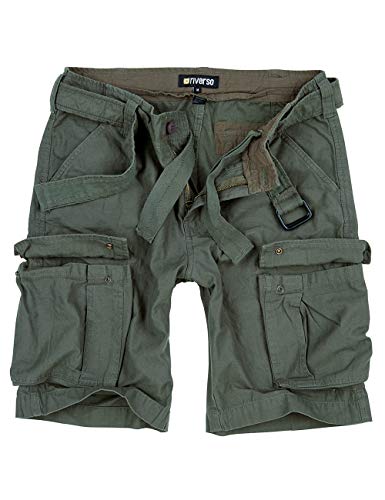 riverso RIVFynn - Pantalones Cortos para Hombre, Estilo Vintage, Bermudas, 100% algodón, cinturón, Color Beige, Gris, Verde Oliva, Negro, Tallas S-7XL - Oliva (61) M