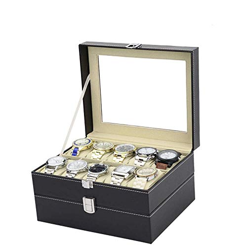RJJBYY Caja de almacenamiento de reloj organizador caja de reloj para hombre caja de cristal superior negro y gris relojes exhibición de la joyería