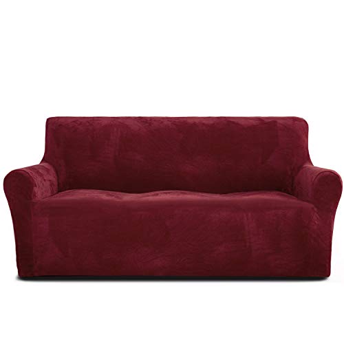 Rose Home Fashion Funda de sofá de 3 plazas, 1 pieza elástica de terciopelo óptico, funda para sofá de 173 a 216 cm, color rojo vino