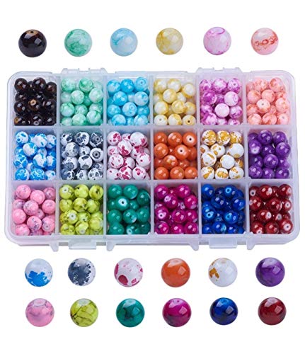 Sadingo Juego de cuentas de cristal para manualidades, 8 mm, 1 caja de aprox. 500 unidades de perlas de mármol, para pulsera, 15 colores