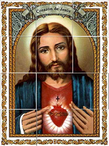 Sagrado Corazón de Jesús. Azulejo fabricado artesanalmente para decorar. Cerámica para colgar. Calca cerámica (45x60 cms)