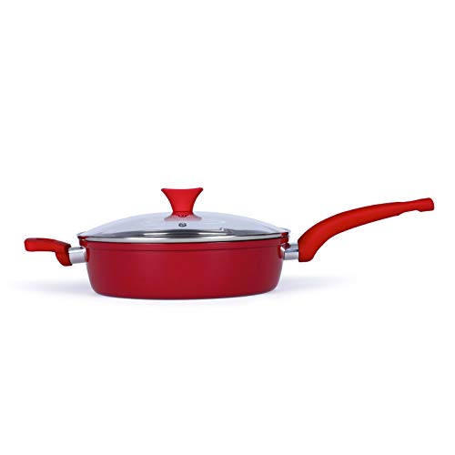 Sartén honda de 26 cm de borde alto de 3,5 litros – Sartén con tapa y antiadherente – Sartén honda de inducción con asas de silicona – Apta para todo tipo de cocinas – Tamaño 26 x 7 cm – Rojo