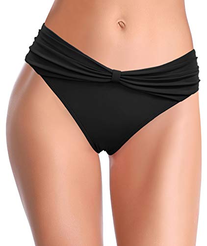 SHEKINI Bikini para Mujer En La Parte Inferior Ruched Decoración De Arco Triángulo Clásico Vendimia de Baño Pantalones de Playa Traje de baño para Mujeres (XL, Negro B)