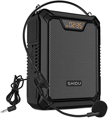 SHIDU 25W Amplificador de voz con micrófono con cable, petaca Portátil Impermeable Sistema de Pa personal, compatible con Bluetooth/TF/USB/AUX para profesores, guías turísticos, reuniones etc (Negro)