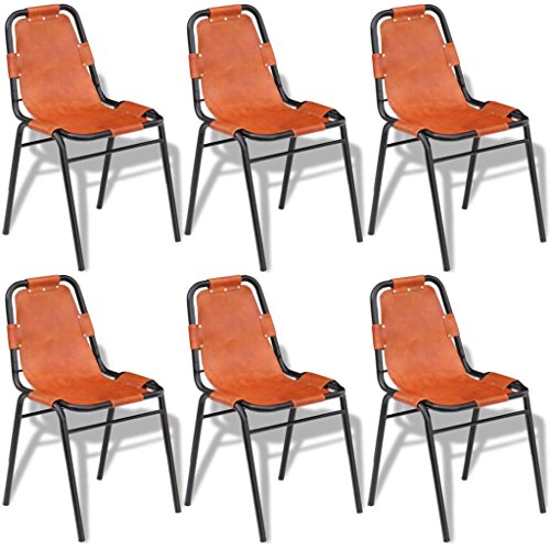 Sillas de Comedor 6 Unidades Cuero auténtico marrón Sillas de Comedor 6 Unidades Cuero auténtico marrón