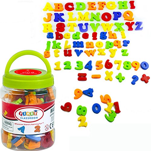 SIMUER Letras y números magnéticos Magnetic Alphabet Letters Numbers Symbols Refrigerator Magnets Educational Toys Teaching Aid for Preschool Kids with Bucket 78 PCS