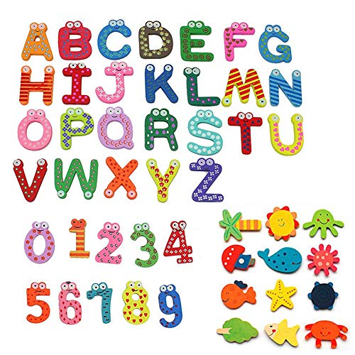 Simuer Wooden Cartoon Fridge Magnet Novelty Animals Numbers Letters Alphabet Wooden Fridge Magnet Sticker Cute Funny Refrigerator Sticker for Learning & Education 48Pcs/set