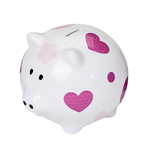 SPOTTED DOG GIFT COMPANY Huchas Grandes Originales, Hucha de Cerámica Cerdito Blanca Muy Grande con diseño de Corazón Rosado para niños para Niños Adultos y Regalo de Adolescente Niñas con Caja