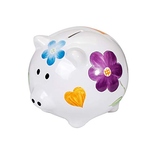 SPOTTED DOG GIFT COMPANY Huchas Grandes Originales, Hucha de Cerámica Cerdito Blanca Muy Grande con Diseño de Flores para Niños Adultos y Regalo de Adolescente Niñas con Caja