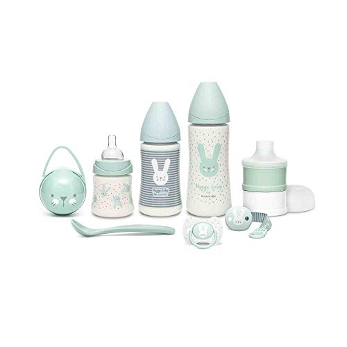 Suavinex Set Premium Recién Nacido con Biberón 150ml, 270ml y 360ml, Dosificador de leche, Chupete fisiológico -2-4 meses, Broche cinta y Cuchara, Verde