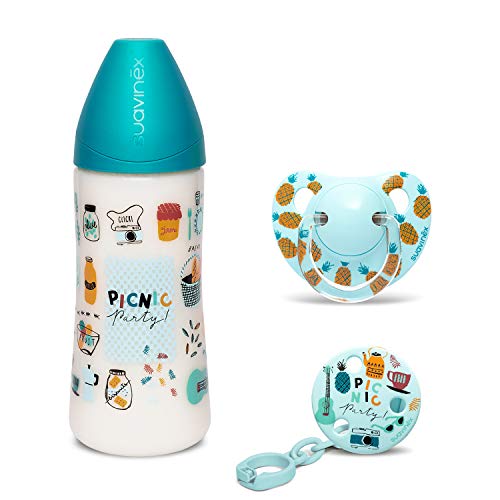 Suavinex Set Recién Nacido con Biberón 360ml, Chupete Tetina Anatómica y Broche Redondo, 0% BPA, Azul Picnic, Látex, 6-18 Meses